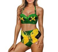 WHUVUMFY Women Two Piece Swimsuit High Waisted Push Up Bikini Sets Tummy Control Bathing Suit Plus Size Halter Swimwear S-2XL, Jamaican Flag, XL