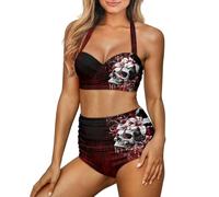 WHUVUMFY Women Two Piece Swimsuit High Waisted Push Up Bikini Sets Tummy Control Bathing Suit Plus Size Halter Swimwear S-2XL, Halloween Skull, XXL