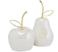 WHW Whole House Worlds Crosby Street Apple and Pear, Set of 2, Ceramic Figurines, Glazed Dolomite, Creamy White, Golden Stems, 4.75 Inches