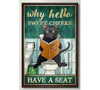 Why Hello Sweet Cheeks Have A Seat Black Cat Book Bathroom Metal Sign 8X12 Inch