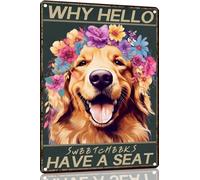 Why Hello Sweet Cheeks Have A Seat Golden Retriever Dog Metal Tin Sign,For Farmhouse Home Bathroom Garage Cafe Office Kitchen Restaurant Man Cave Vintage Art Wall Decor Poster 8x12 Inch