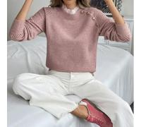 Whychstore Ladies Long Sleeve Knitwear Pullover with Lace Detail Round Neck Diagonal Button for Jumper Pink Green S-XL