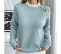 Whychstore Ladies Long Sleeve Knitwear Pullover with Lace Detail Round Neck Diagonal Button for Jumper Pink Green S-XL