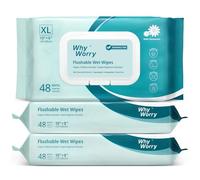 WhyWorry Flushable Wipes for Adults, 20 x 25 cm, Unscented, 144 Count | Extra Large Flushable Toilet Wipes, Moist Toilet Tissue, Chamomile & Vitamin E, 100% Plant-Based, Septic & Sewer Safe