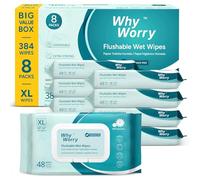 WhyWorry Flushable Wipes for Adults, Extra Large 20x25 cm Flushable Toilet Wipes with Chamomile & Vitamin E, Moist Toilet Tissue, 100% Plant-Based, Septic & Sewer Safe, Unscented, 384 Count (8 Packs)