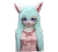 Whyzsjnclg Furry Head, Full Head Furry Mask with Big Eyes, Furry Ears & Green Long Hair, Animal Head Fursuit Mask Costume for Halloween Masquerade Cosplay Costume Props Therian Mask