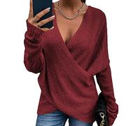 WHZXYDN Autumn and Winter New Cross-Over Loose-Wear Women's Knitted Sweater Red
