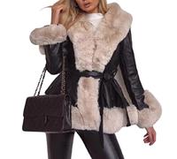 WHZXYDN Faux Fur Pu Big Fur Collar Tie Waist Ladies Windbreaker Stitching Slim Long-Sleeved Jacket Women
