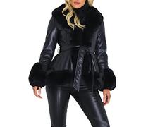 WHZXYDN Faux Fur Pu Big Fur Collar Tie Waist Ladies Windbreaker Stitching Slim Long-Sleeved Jacket Women Black