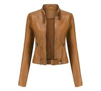 WHZXYDN Women's New Leather Short Jacket Spring and Autumn Stand-Up Collar Jacket European Size Beige