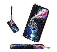 wiaekosef RFID-Blocking Zip Around Wallets for Women with Detachable Wrist Strap, Colorful Cool Dinosaur, Wallet-A, Modern