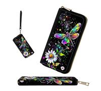 wiaekosef RFID-Blocking Zip Around Wallets for Women with Detachable Wrist Strap, Dragonfly and Daisy Flower, Wallet-A