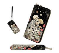 wiaekosef RFID-Blocking Zip Around Wallets for Women with Detachable Wrist Strap, Skull Men Mushroom Star, Wallet-A