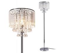 WIAONE beaysyty Modern Elegance Crystal Floor Lamp, On/Off Foot Switch, Crystal & Glass 3-Lights Standing Light, Reading Corner Lamp for Office Cafe, Den, Living Room Bedroom Chrome Finish