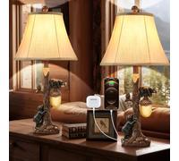WIAONE LOKHOM Rustic Western Bear Table Lamp with Nightlight Set of 2, 26“ Rustic Bedside Lamp with USB & Type C, Touch Control Natural Bears Table Lamp for Bedroom Living Room Foyer Office Gift