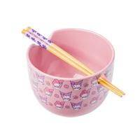 WIAONE Silver Buffalo Sanrio My Melody and Kuromi Pastel Floral Pattern Ceramic Ramen Bowl with Chopsticks, 20 Ounces, Purple/Multi