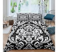 WIASVZMCI 3D Skin-Friendly Microfibre blackwhitepattern Duvet Cover All Season Bedding Set w/Pillowcases baroqueornamentstyle Comforter Cover Set Easy Care for Men Women Kids Single（135x200cm）