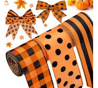 Wiaxin 3 Rolls Orange and Black Wired Ribbon Thanksgiving Buffalo Plaid Ribbon Fall Gingham Ribbon Dot Pattern Striped Ribbons for Halloween Christmas DIY Crafts Party Decor, 2.5 Inch x 15 Yards
