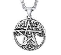 Wicca Pentacle Pentagram Necklace for Woman Celtics Jewellery Tree of Life Pendant with Stainless Steel Chain 55cm+5cm Silver Star Necklaces Girls Gift for New Years Day