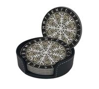 Wiccan Magic Ancient Viking Microfiber Pu Leather Coaster Set of 6 for Drinks with Holder, Cups Place Mats for Home Decor,Round Mat Pad for Cups Mugs