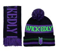 Wicked Beanie Hat and Scarf Set, Adult Cuffed Knit Cap with Pom, Wickedly Text Design, Black, One Size, Black, One size