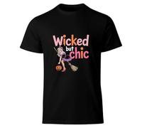 Wicked but Chic Halloween T-Shirt for Girls - Cute Witch Graphic Tee, Fun Spooky Fashion Top for Fall & Halloween Parties Black