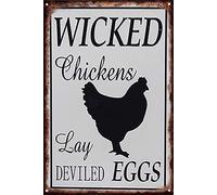 Wicked Chickens Lay Deviled Eggs Rustic Plate Retro Chic Metal Tin Sign Garage Vintage Garden House Wall Decor 5.5x8 Inch Housewarming Gifts For Colleagues, Friends And Relatives