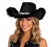Wicked Costumes Black Sequin Cowboy Hat for Women with Feather Trim - Glam Western Cowgirl Hat for Festivals, Nashville, Disco, Rodeo & Fancy Dress Parties