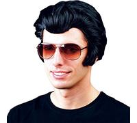Wicked Costumes Men's Black Quiff Wig with Sideburns, 1950s Rock & Roll | Black quiff wig with attached sideburns for 1950s rock and roll, singer, musician and retro fancy dress costumes.