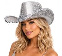 Wicked Costumes Women’s Silver Sequin Cowboy Hat - Sparkly Western Texan Cowgirl Hat for Festivals, Disco Parties, Nashville, Rodeo & Fancy Dress Costume Accessory