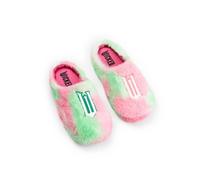 Wicked Girls Pink and Green Fluffy Mule Slippers | Indoor Lounging Footwear with 'W' Logo | Comfy Slippers for Kids | Perfect for Relaxing at Home Merch - 2 UK Child