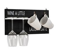 WICKED GIZMOS Coffee Mug and Wine Glass Holder 'Wine A Little Laugh A Latte' Wooden Wall Mounted Rack Gift for Kitchen Office Canteen Home Bar Tea cups Stand Accessory Birthdays Anniversaries