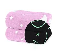 Wicked Gizmos Glow in the Dark Fluffy Throw Over in Soft and Plush Faux-Fur Microfibre Fleece Finish for Bed, Sofa or Couch (Moon & Stars Pink)