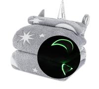 Wicked Gizmos Glow in the Dark Fluffy Throw Over Blanket with Hood in Soft and Plush Faux-Fur Microfibre Fleece Finish for Bed, Sofa or Couch (Grey Moon & Stars)