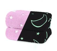 Wicked Gizmos Glow in the Dark Fluffy Throw Over in Soft and Plush Faux-Fur Microfibre Fleece Finish for Bed, Sofa or Couch (Moon & Stars Pink)