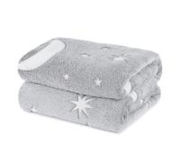 Wicked Gizmos Glow in the Dark Fluffy Throw Over in Soft and Plush Faux-Fur Microfibre Fleece Finish for Bed, Sofa or Couch (Moon & Stars Grey)