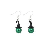 Wicked Inspired Witch Hat Drop Earrings for Women - Green Faux Pearl Dangle Earrings with Mini Black Hat Charm - Plated Zinc Alloy Fantasy Musical Aesthetic Jewelry for Parties, Cosplay & Everyday