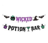 Wicked Potion Bar Banner, Pre-Strung Glitter Halloween Bar Garland Purple Green Black Cauldron Skull Bat Spider Witch Hat Decorations for Halloween Spooky Theme Cocktail Wall Decor Party Supplies