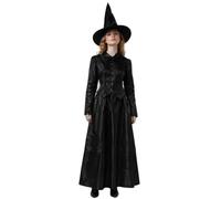 Wicked Witch Costume, Adult | Women's black two-piece Halloween set with pointed hat, long dotted bodice, full-length A-line skirt