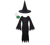 Wicked Witch Fancy Dress - Girls' Halloween/Book Day Costume - Black Dress, Witch Hat & Green Facepaint (8-9 Years)