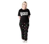 Wicked Womens Pyjama Set | Adults Wicked Logo Graphic Short Sleeve Top & Long Leg PJ Bottoms in Black | Ladies Witches Pointed Hat and Flying Broom All Over Print Nightwear | Movie Merchandise Gift