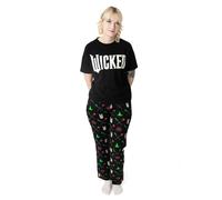 Wicked Womens Pyjama Set | Adults Wicked Logo Graphic Short Sleeve Top & Long Leg PJ Bottoms in Black | Ladies Witches Pointed Hat and Flying Broom All Over Print Nightwear | Movie Merchandise Gift