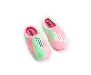 Wicked Womens Pink and Green Fluffy Mule Slippers | Logo Initial 'W' Design for Indoor Lounging | Comfortable House Footwear | Fun Movie-Themed Merch - 3-4 UK