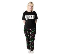 Wicked Womens Pyjama Set | Adults Wicked Logo Graphic Short Sleeve Top & Long Leg PJ Bottoms in Black | Ladies Witches Pointed Hat and Flying Broom All Over Print Nightwear | Movie Merchandise Gift