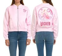 Wicked womens Wicked Glinda Women’s, Ladies & Juniors Pink Satin Bomber Jacket With Embroidery & Metallic Foil Back Print