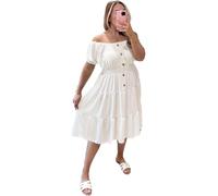 WICKEDFASHIONS123 Ladies Elegant Off-Shoulder Chiffon Midi Dress Women Plus Size Short Sleeve Plain Long Casual Sundress with Elastic Waist, Tiered Skirt Dress UK 12-24 One Size White