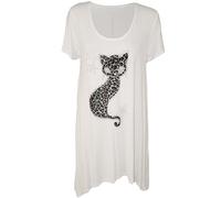 WICKEDFASHIONS123 Women’s Short Sleeve Leopard Cat Studded Sequin Casual Dip Hem Top Ladies Scoop Neck Cat Diamante Stud Hanky Hem Shirt Short Sleeve Sequined Plus Size Top White UK 28-30