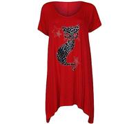 WICKEDFASHIONS123 Women’s Short Sleeve Leopard Cat Studded Sequin Casual Dip Hem Top Ladies Scoop Neck Cat Diamante Stud Hanky Hem Shirt Short Sleeve Sequined Plus Size Top Red UK 28-30