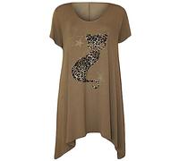 WICKEDFASHIONS123 Women’s Short Sleeve Leopard Cat Studded Sequin Casual Dip Hem Top Ladies Scoop Neck Cat Diamante Stud Hanky Hem Shirt Short Sleeve Sequined Plus Size Top Mocha UK 28-30