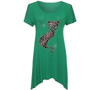 WICKEDFASHIONS123 Women’s Short Sleeve Leopard Cat Studded Sequin Casual Dip Hem Top Ladies Scoop Neck Cat Diamante Stud Hanky Hem Shirt Short Sleeve Sequined Plus Size Top Jade Green UK 28-30
